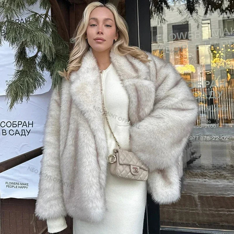 2026 Winter Oversized Gradient Fur Coat Thick Warm Outerwear Fluffy Faux Fox Fur Jacket