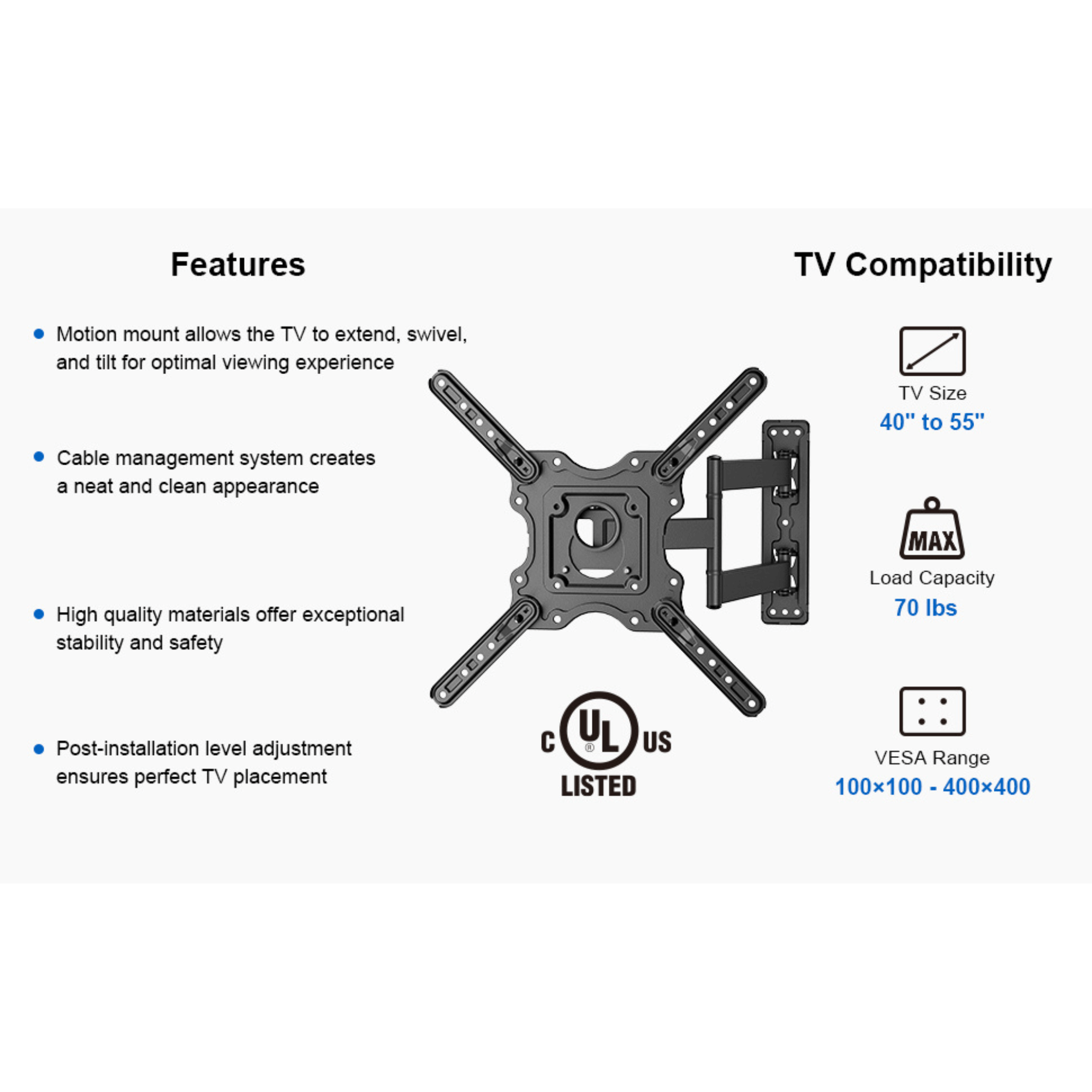 ErgoAV Single Stud Motion Mount for TVs 40" to 55" and up to 70lbs