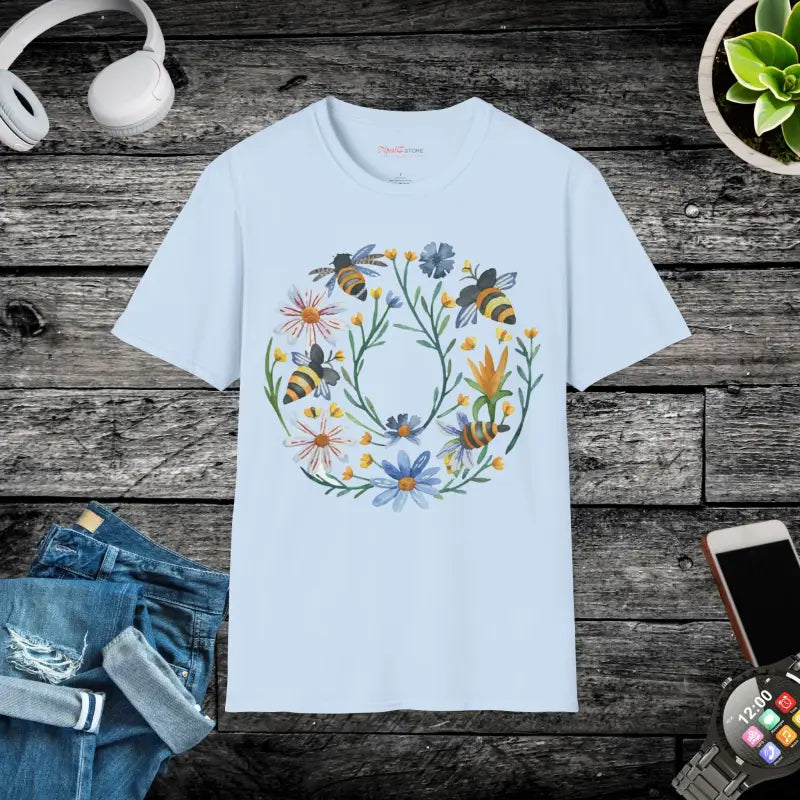 Softstyle Cotton T-Shirt - Bees and Flowers Design - DipaliZ