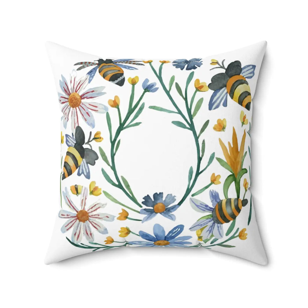 Spun Polyester Square Pillow - Bees and Flowers Design - DipaliZ