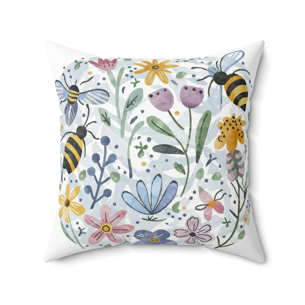Polyester Square Pillow - Bees and Flowers Design - DipaliZ
