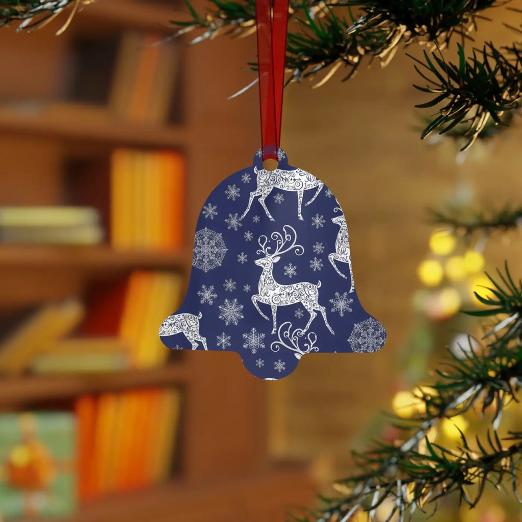 Frosted Bell Metal Ornament - Nordic Winter with Red Ribbon - DipaliZ