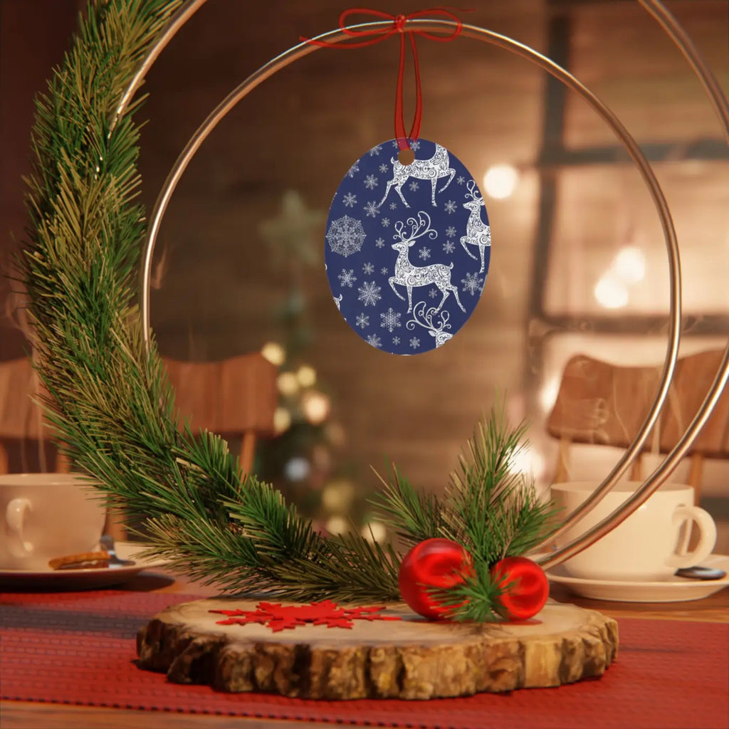 Frosted Bell Metal Ornament - Nordic Winter with Red Ribbon - DipaliZ