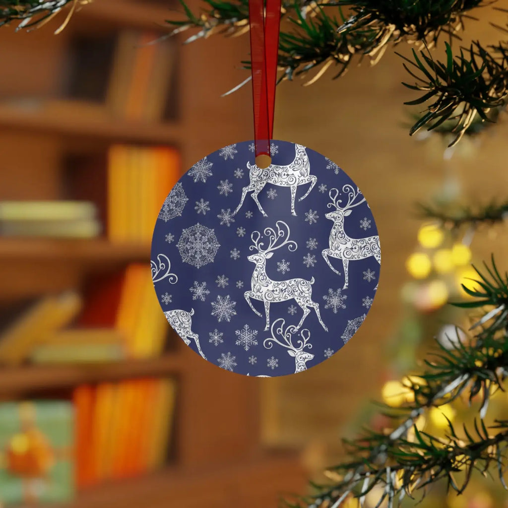 Frosted Bell Metal Ornament - Nordic Winter with Red Ribbon - DipaliZ