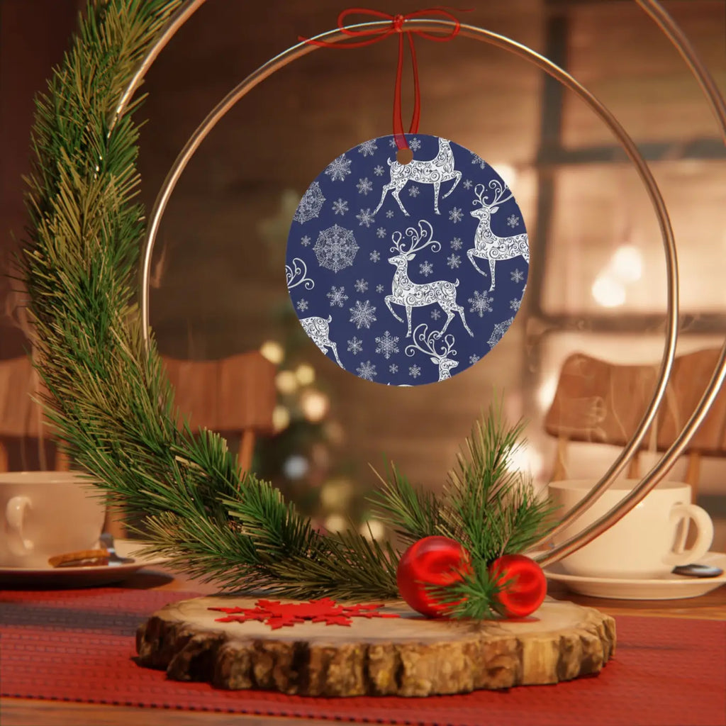 Frosted Bell Metal Ornament - Nordic Winter with Red Ribbon - DipaliZ