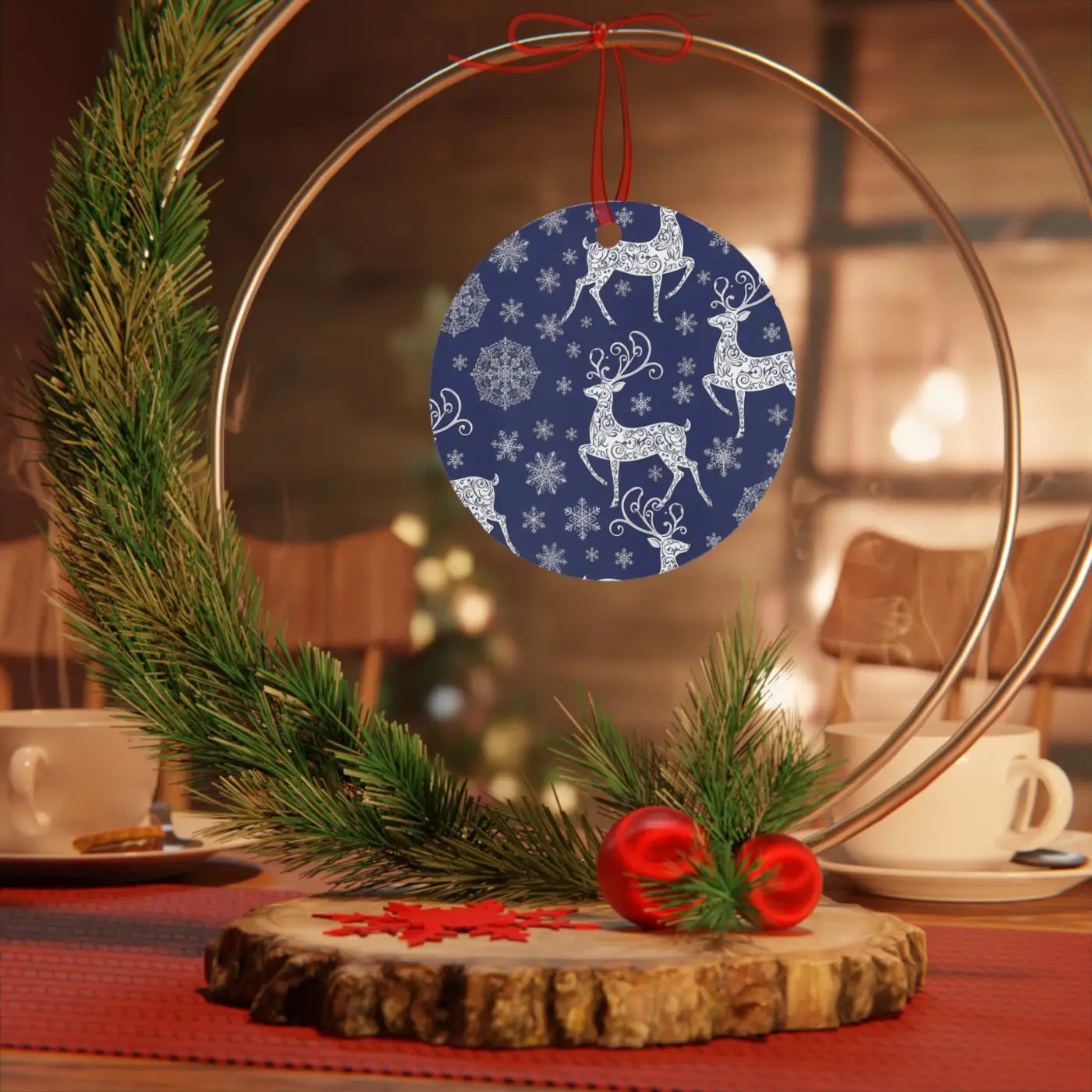 Frosted Bell Metal Ornament - Nordic Winter with Red Ribbon - DipaliZ