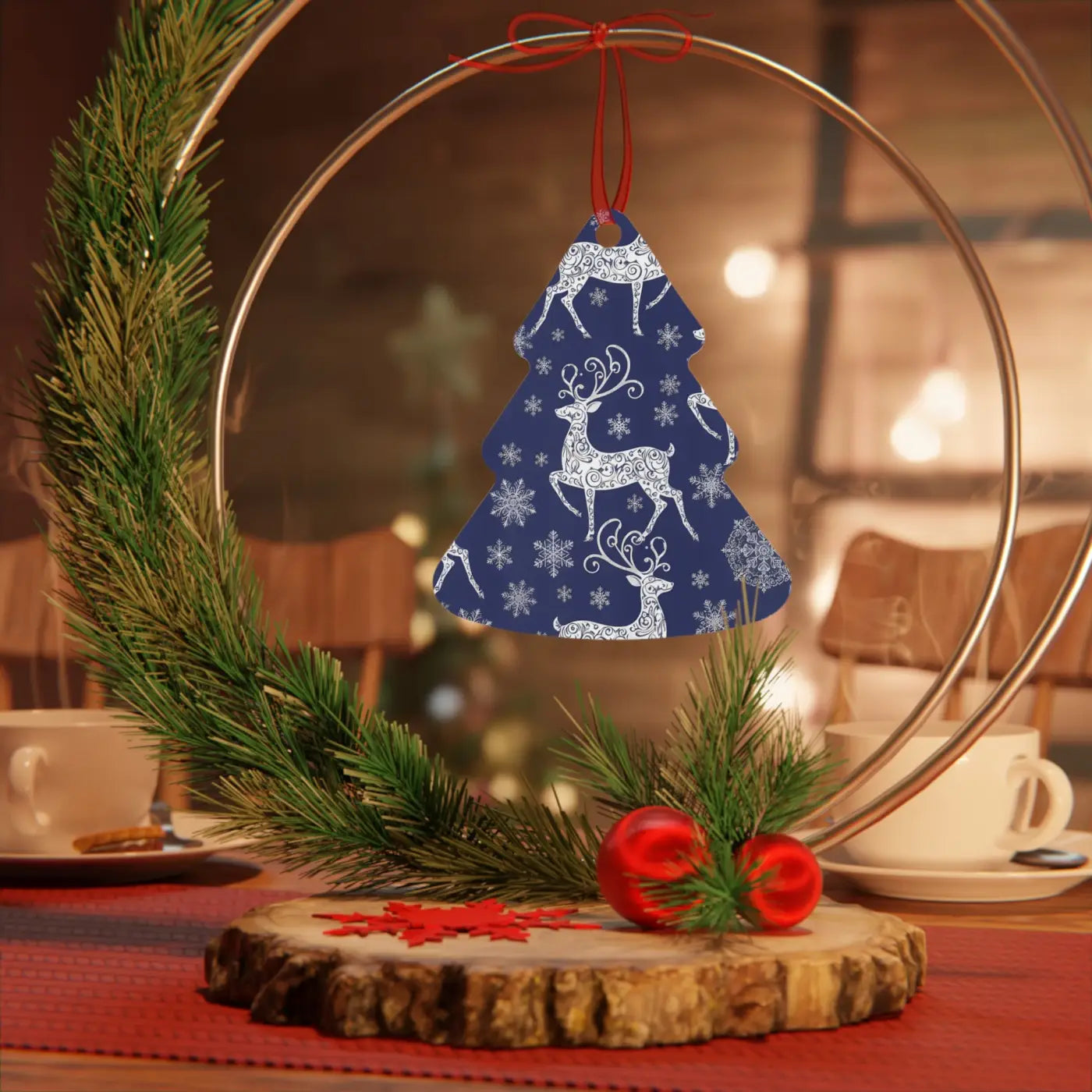 Frosted Bell Metal Ornament - Nordic Winter with Red Ribbon - DipaliZ