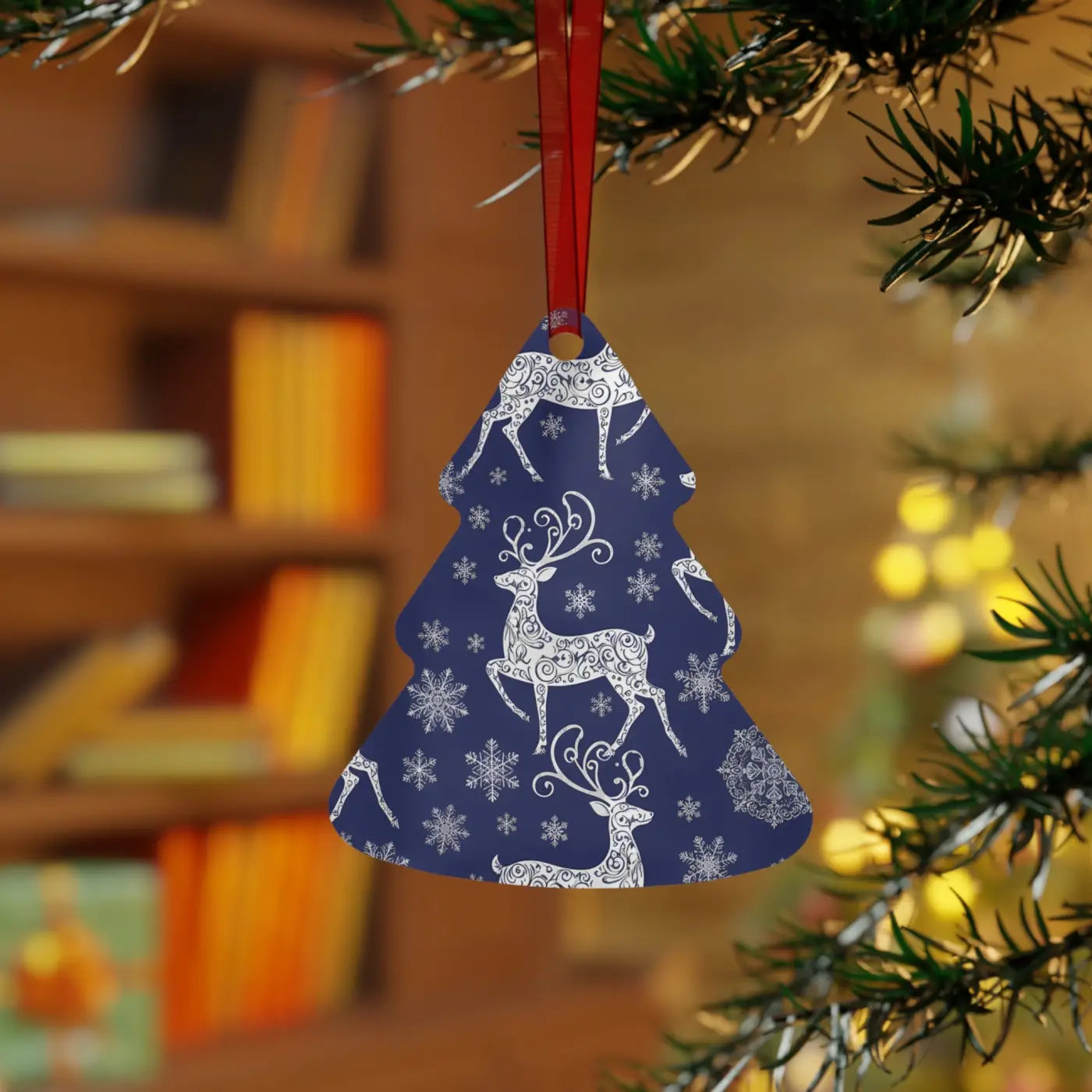 Frosted Bell Metal Ornament - Nordic Winter with Red Ribbon - DipaliZ