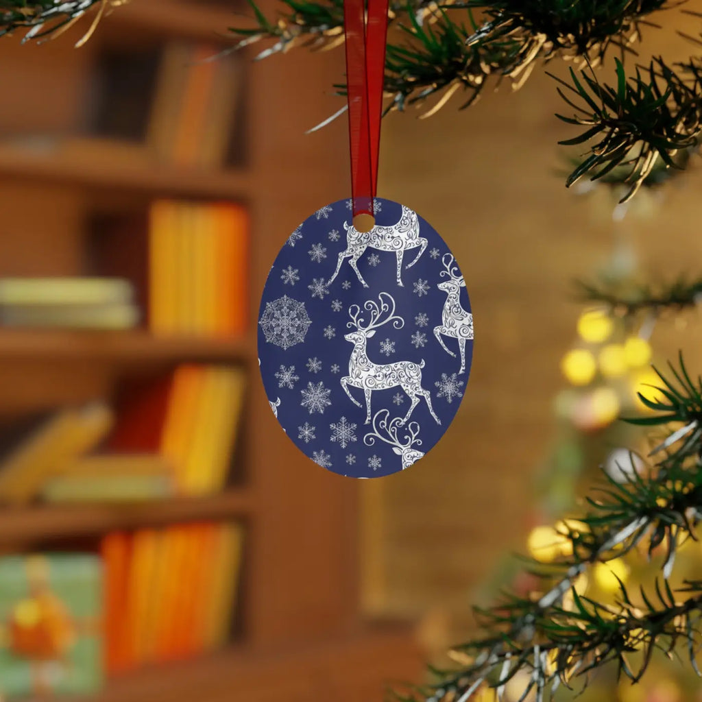 Frosted Bell Metal Ornament - Nordic Winter with Red Ribbon - DipaliZ