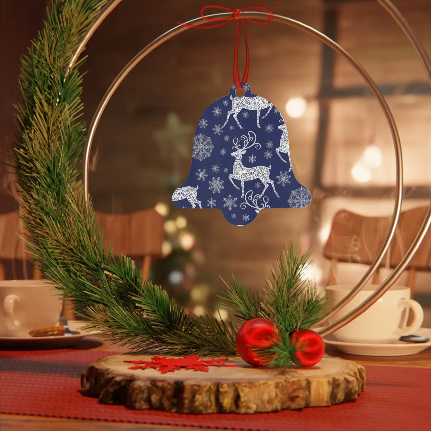 Frosted Bell Metal Ornament - Nordic Winter with Red Ribbon - DipaliZ