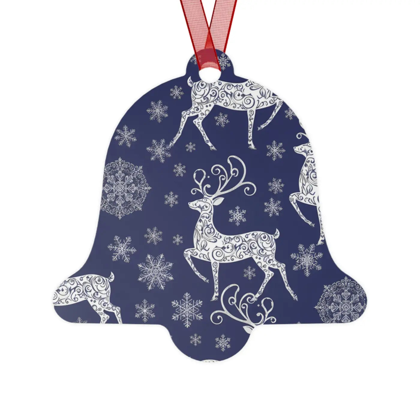 Frosted Bell Metal Ornament - Nordic Winter with Red Ribbon - DipaliZ