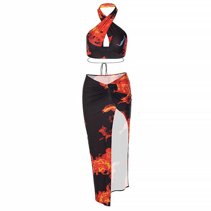Personalized Printed Sexy Halter Slit Dress