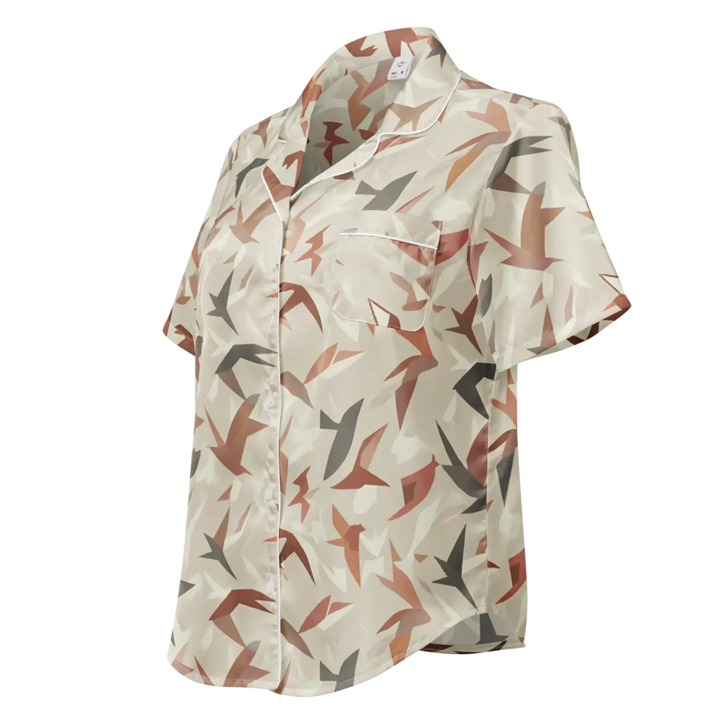 Satin Birds Print Short Sleeve Pajama Top - Silky Comfort - DipaliZ