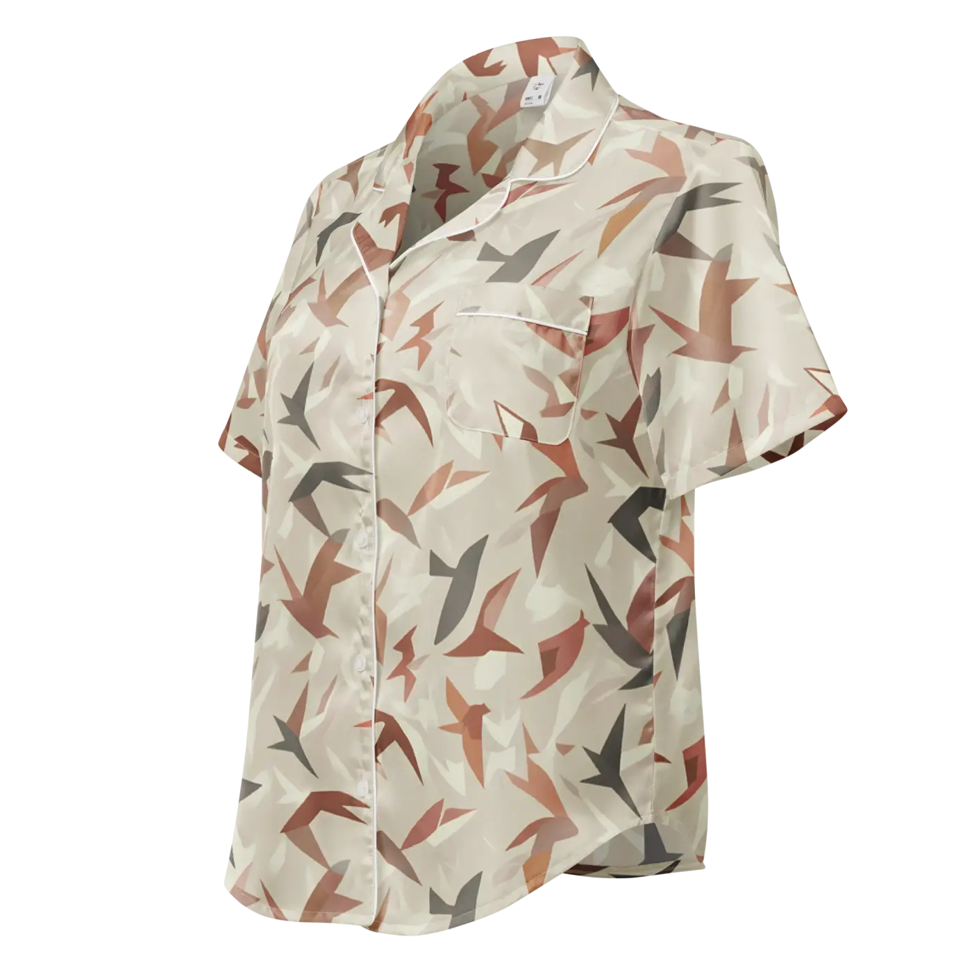 Satin Birds Print Short Sleeve Pajama Top - Silky Comfort - DipaliZ