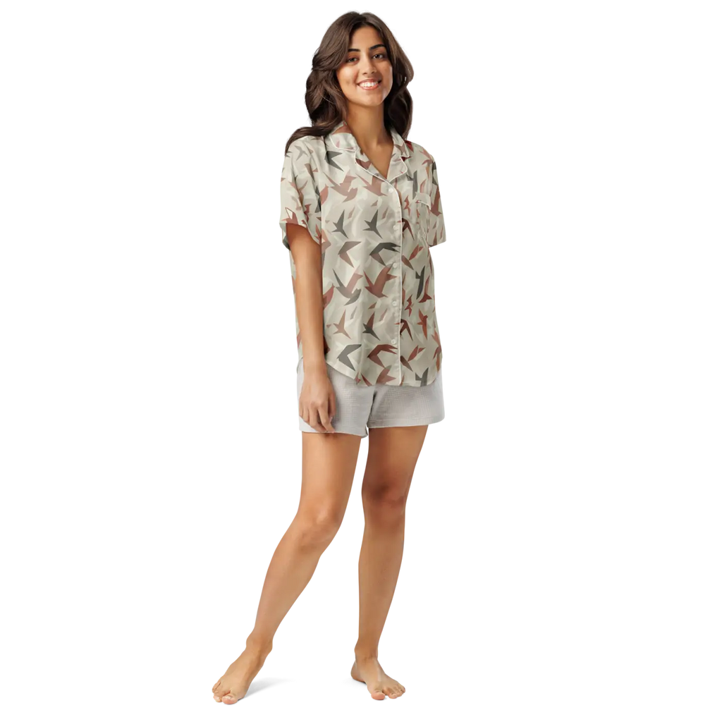 Satin Birds Print Short Sleeve Pajama Top - Silky Comfort - DipaliZ