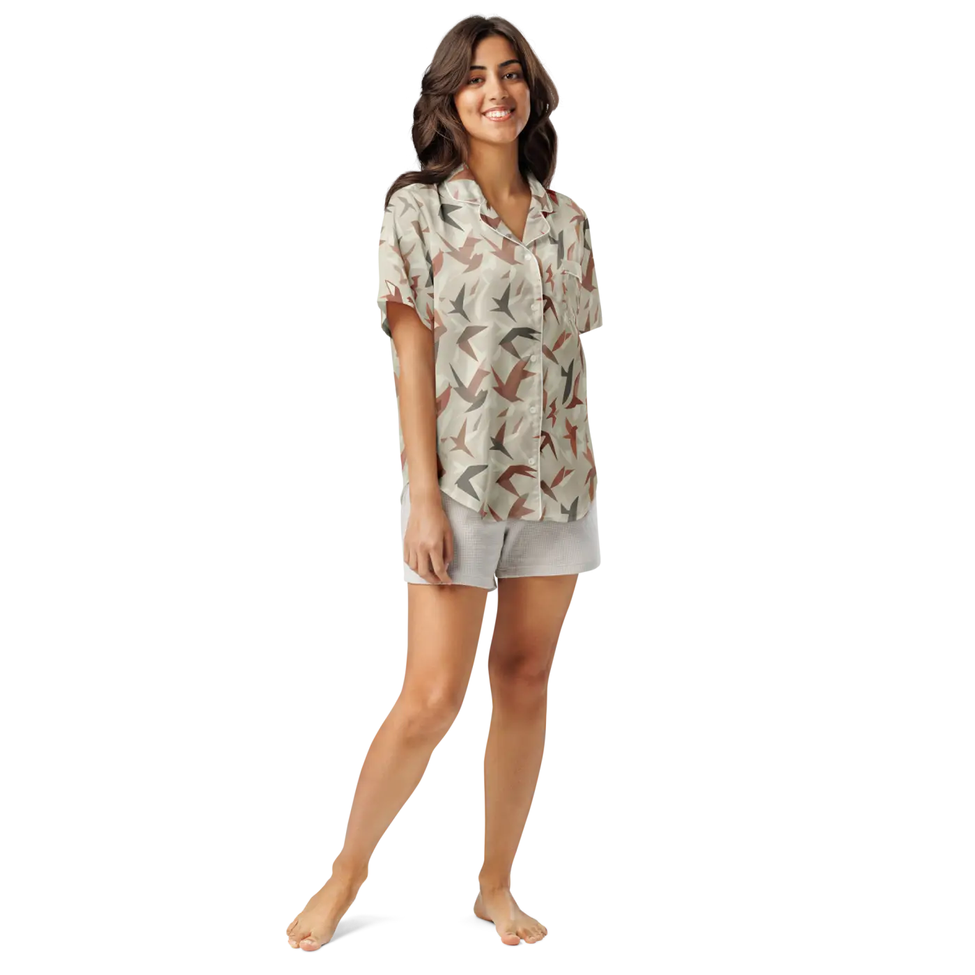 Satin Birds Print Short Sleeve Pajama Top - Silky Comfort - DipaliZ