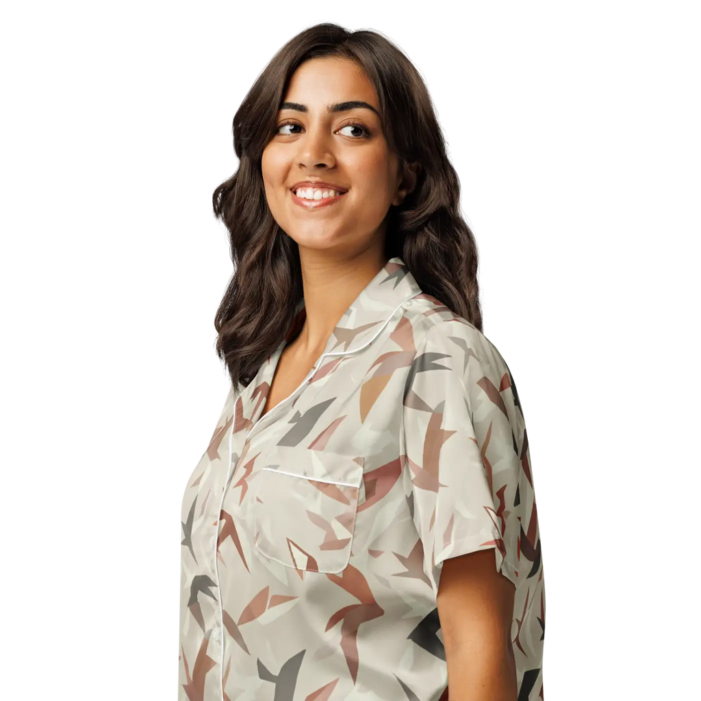 Satin Birds Print Short Sleeve Pajama Top - Silky Comfort - DipaliZ