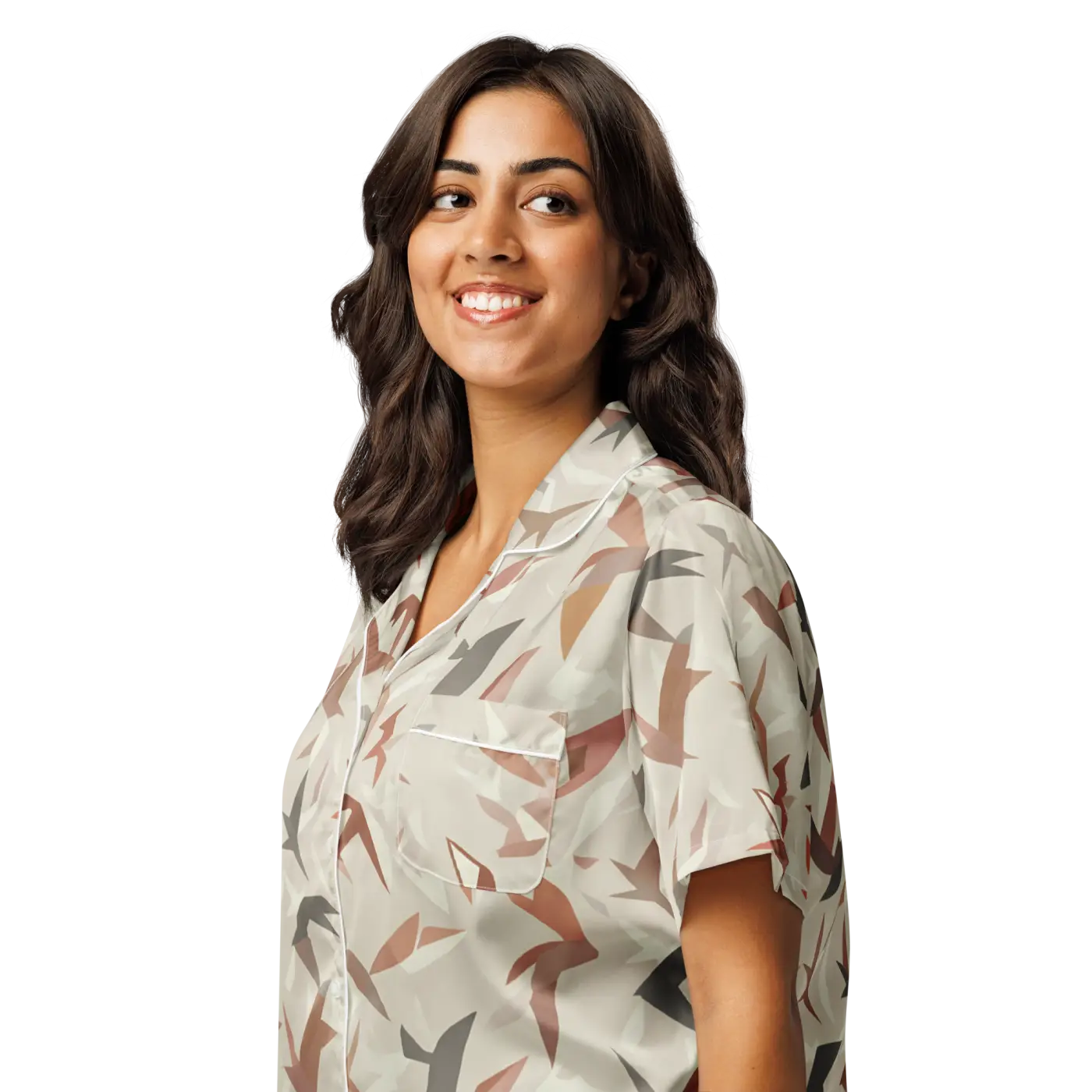 Satin Birds Print Short Sleeve Pajama Top - Silky Comfort - DipaliZ