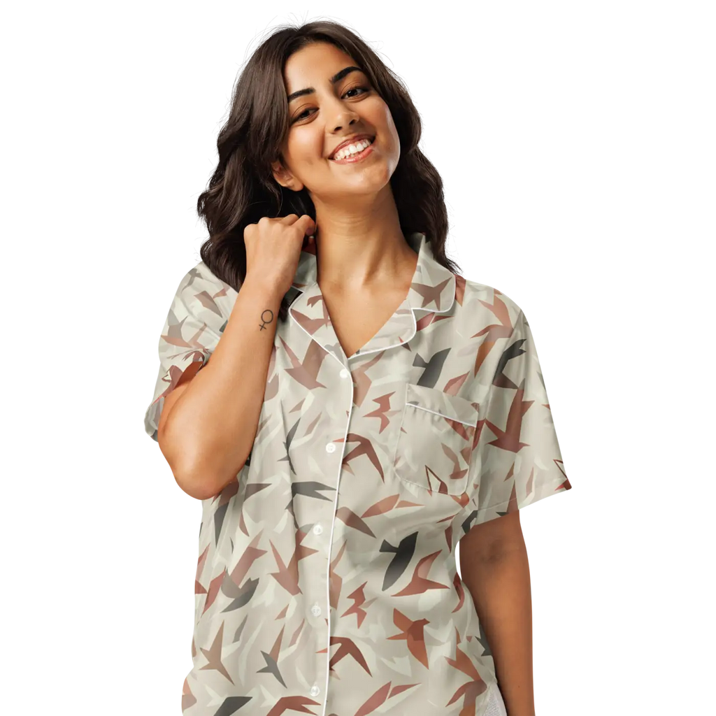Satin Birds Print Short Sleeve Pajama Top - Silky Comfort - DipaliZ