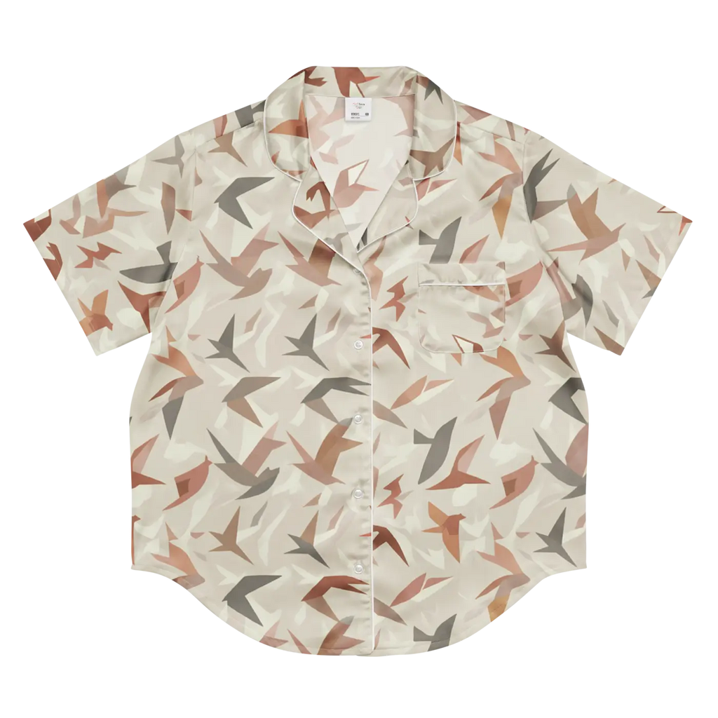 Satin Birds Print Short Sleeve Pajama Top - Silky Comfort - DipaliZ