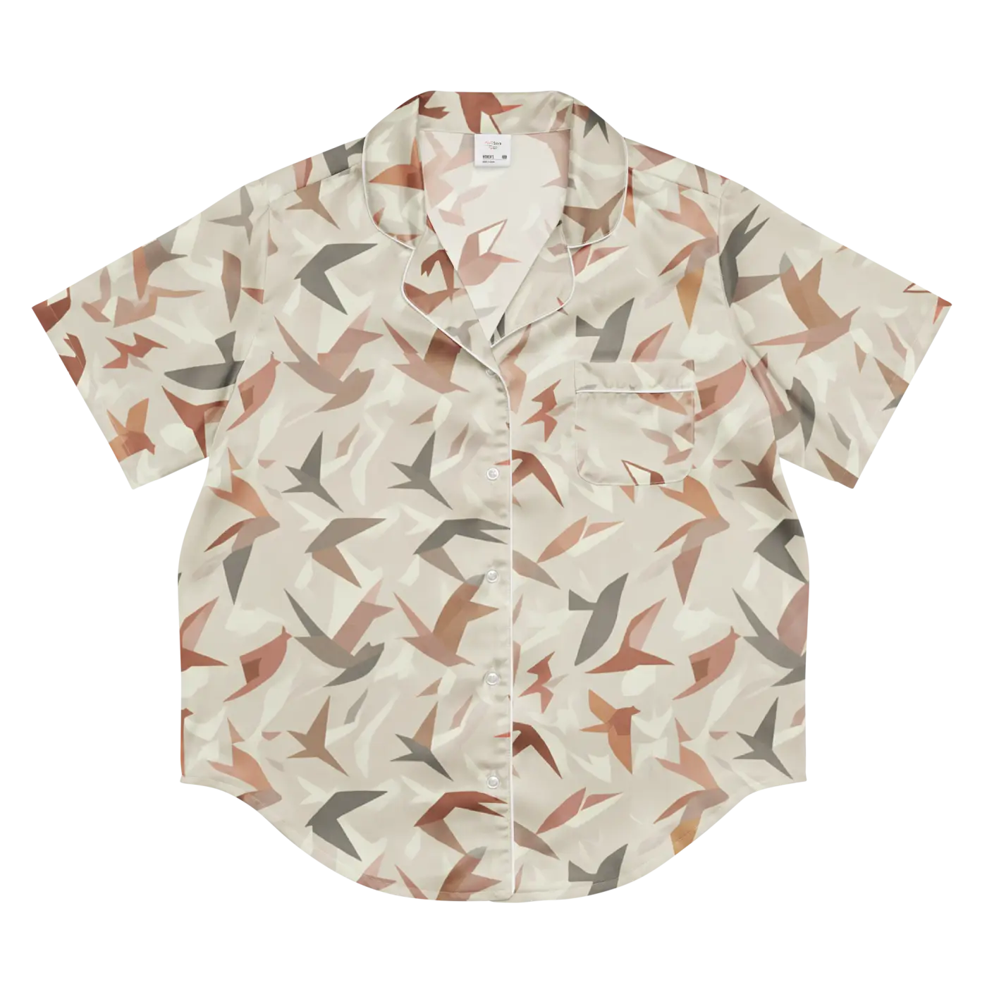 Satin Birds Print Short Sleeve Pajama Top - Silky Comfort - DipaliZ