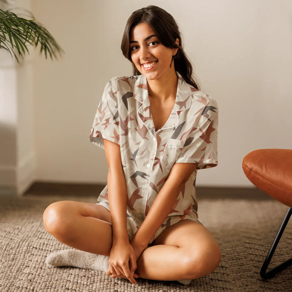 Satin Birds Print Short Sleeve Pajama Top - Silky Comfort - DipaliZ