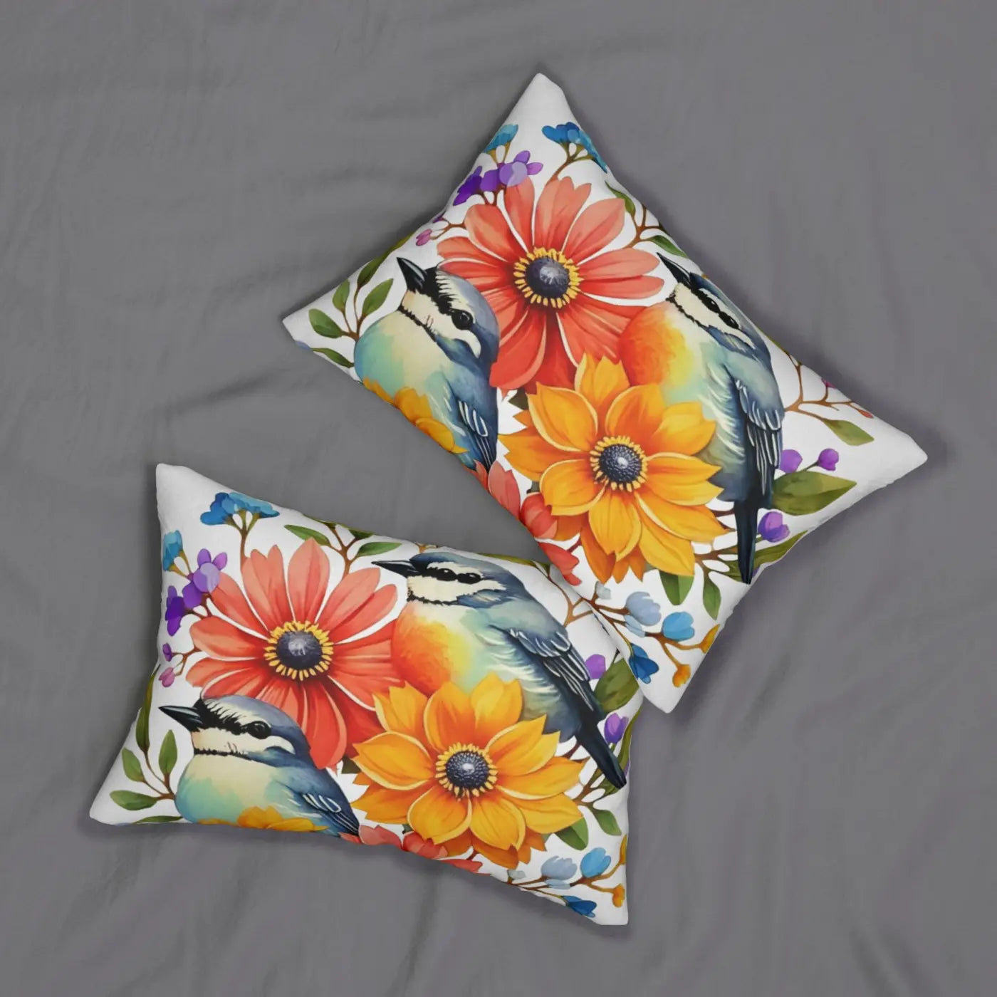 Spun Polyester Lumbar Pillow - Birds and Flowers Design - DipaliZ