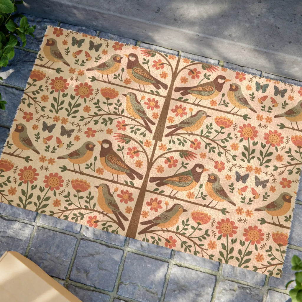 Birds On Trees Doormat - Tufted Coir Coconut Vinyl Base - DipaliZ