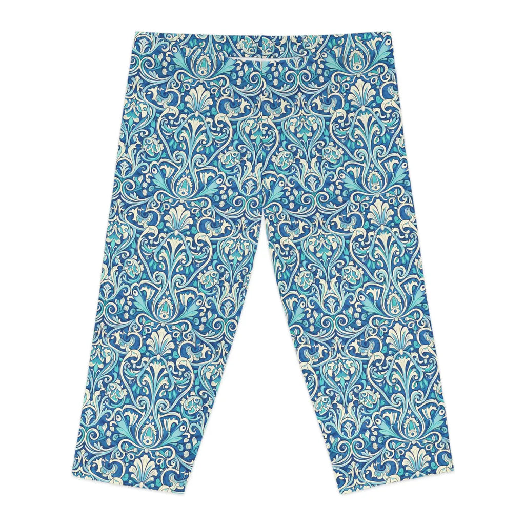 Blue Floral Damask Capri Leggings - Vintage Coastal - DipaliZ