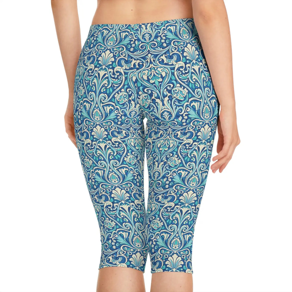 Blue Floral Damask Capri Leggings - Vintage Coastal - DipaliZ