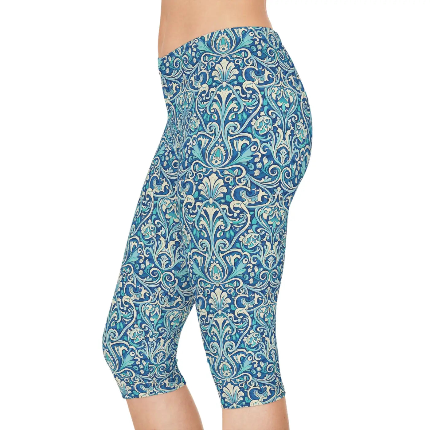 Blue Floral Damask Capri Leggings - Vintage Coastal - DipaliZ