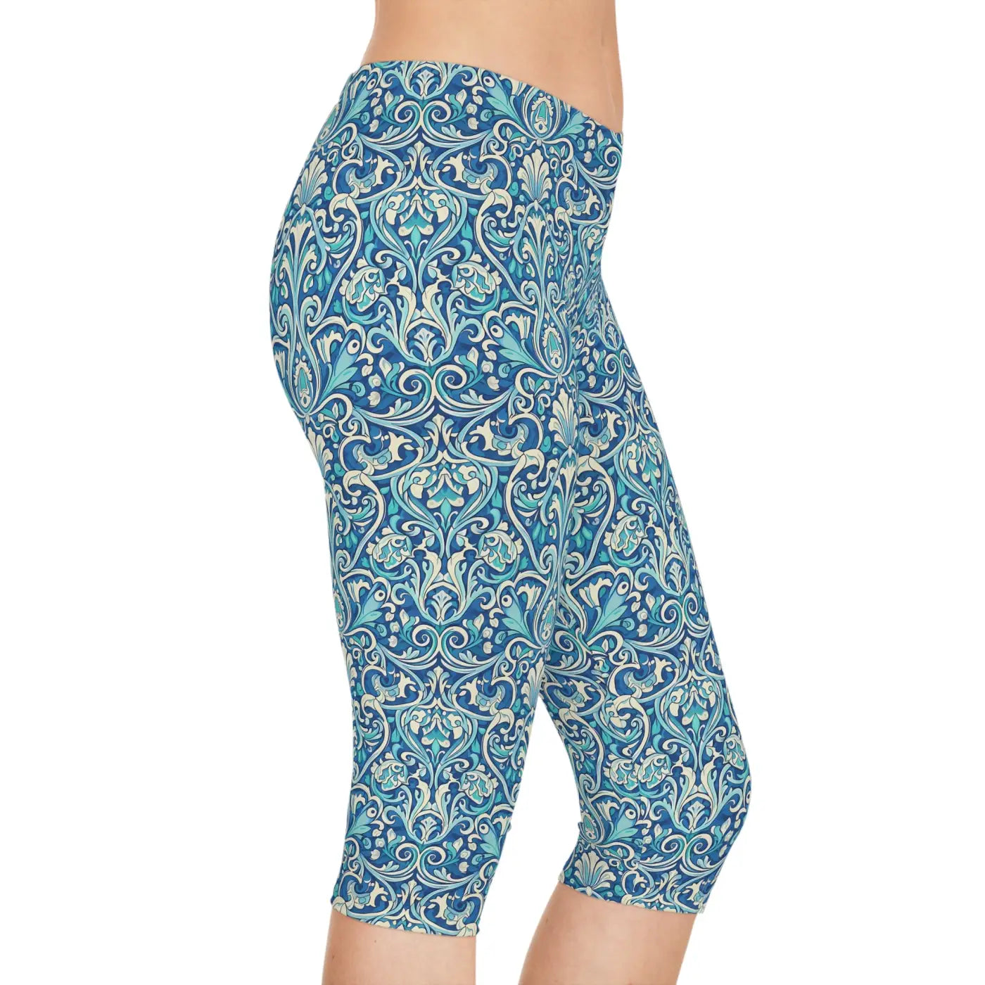Blue Floral Damask Capri Leggings - Vintage Coastal - DipaliZ