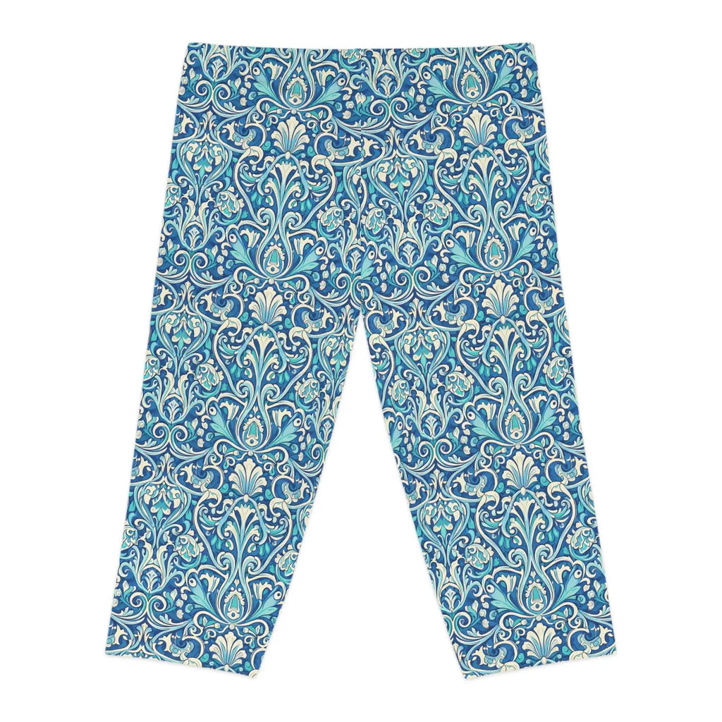 Blue Floral Damask Capri Leggings - Vintage Coastal - DipaliZ