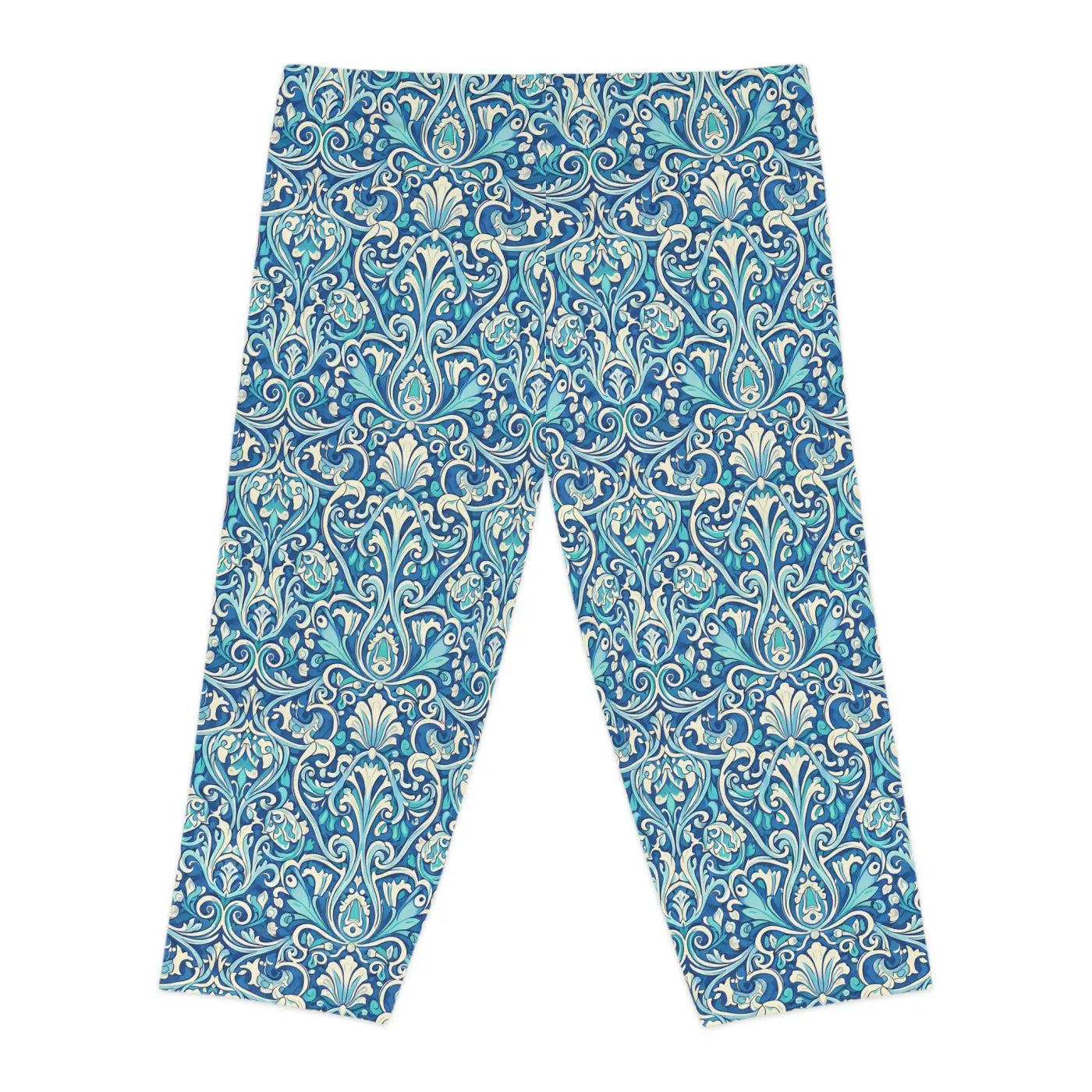 Blue Floral Damask Capri Leggings - Vintage Coastal - DipaliZ
