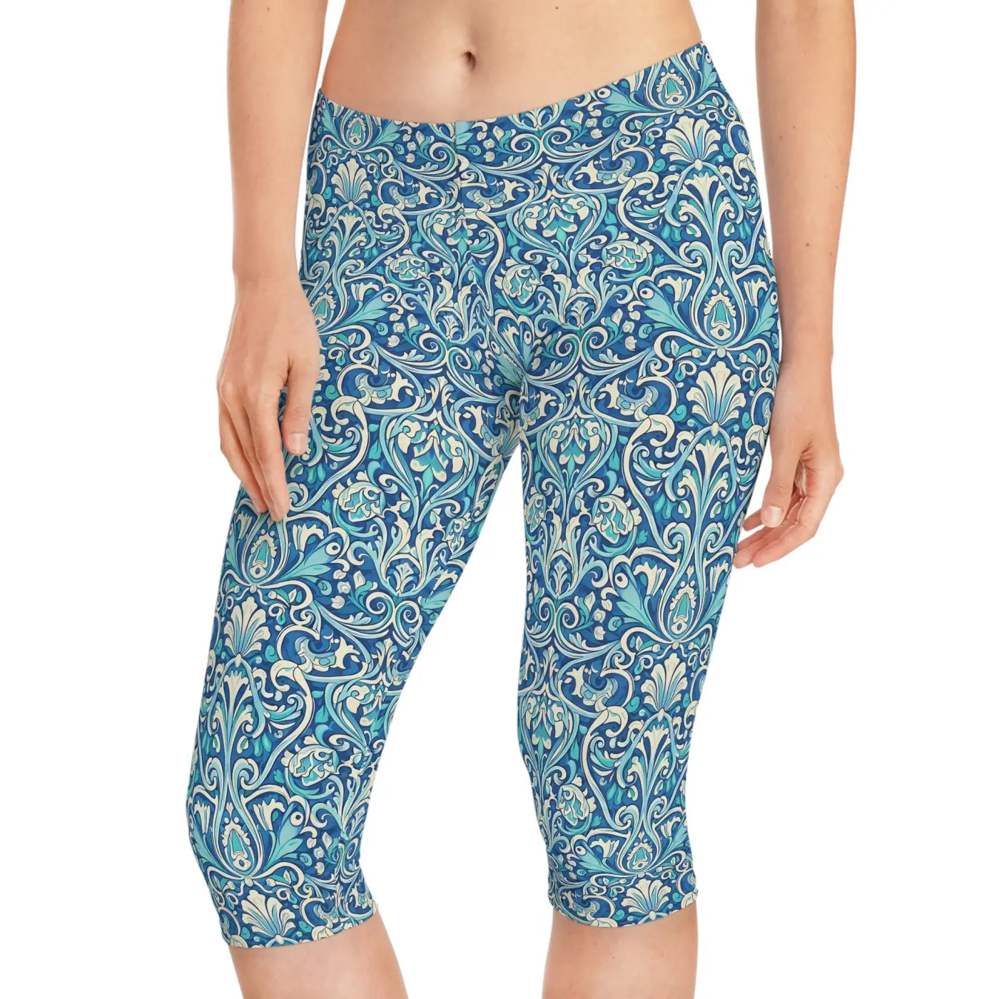 Blue Floral Damask Capri Leggings - Vintage Coastal - DipaliZ