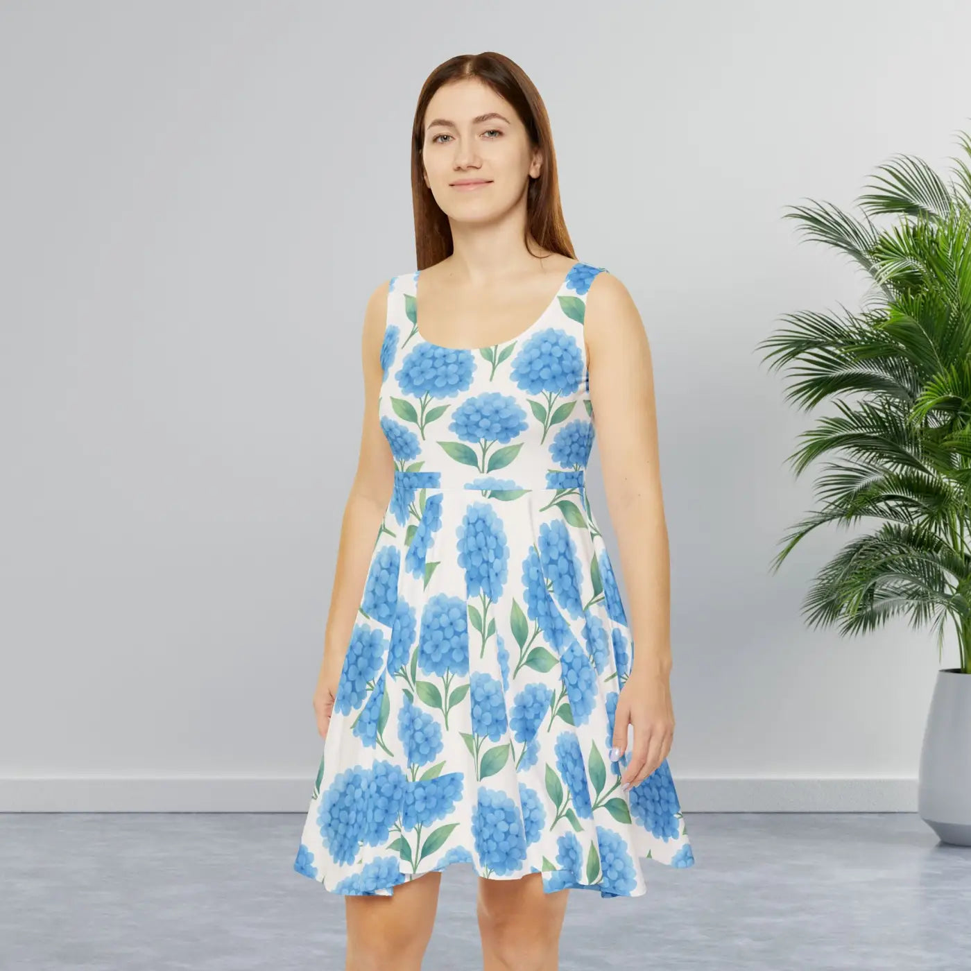 Women's Skater Dress - All-Over Blue Floral Hydrangea - DipaliZ