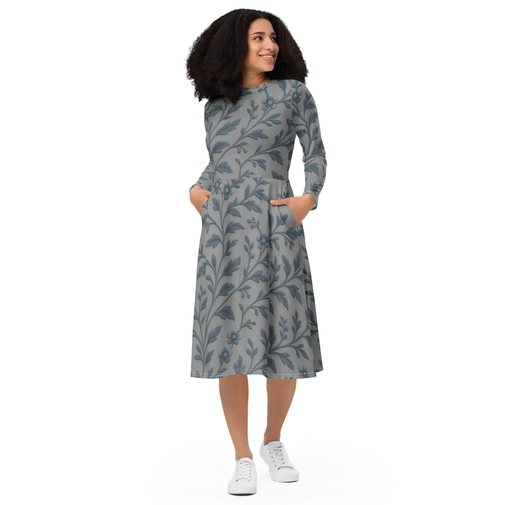 Blue Floral Vines Long Sleeve Midi Dress - Nature Inspired - DipaliZ