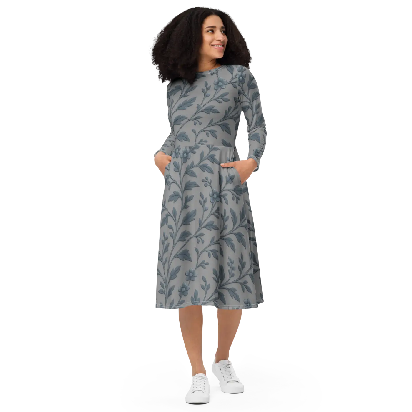 Blue Floral Vines Long Sleeve Midi Dress - Nature Inspired - DipaliZ