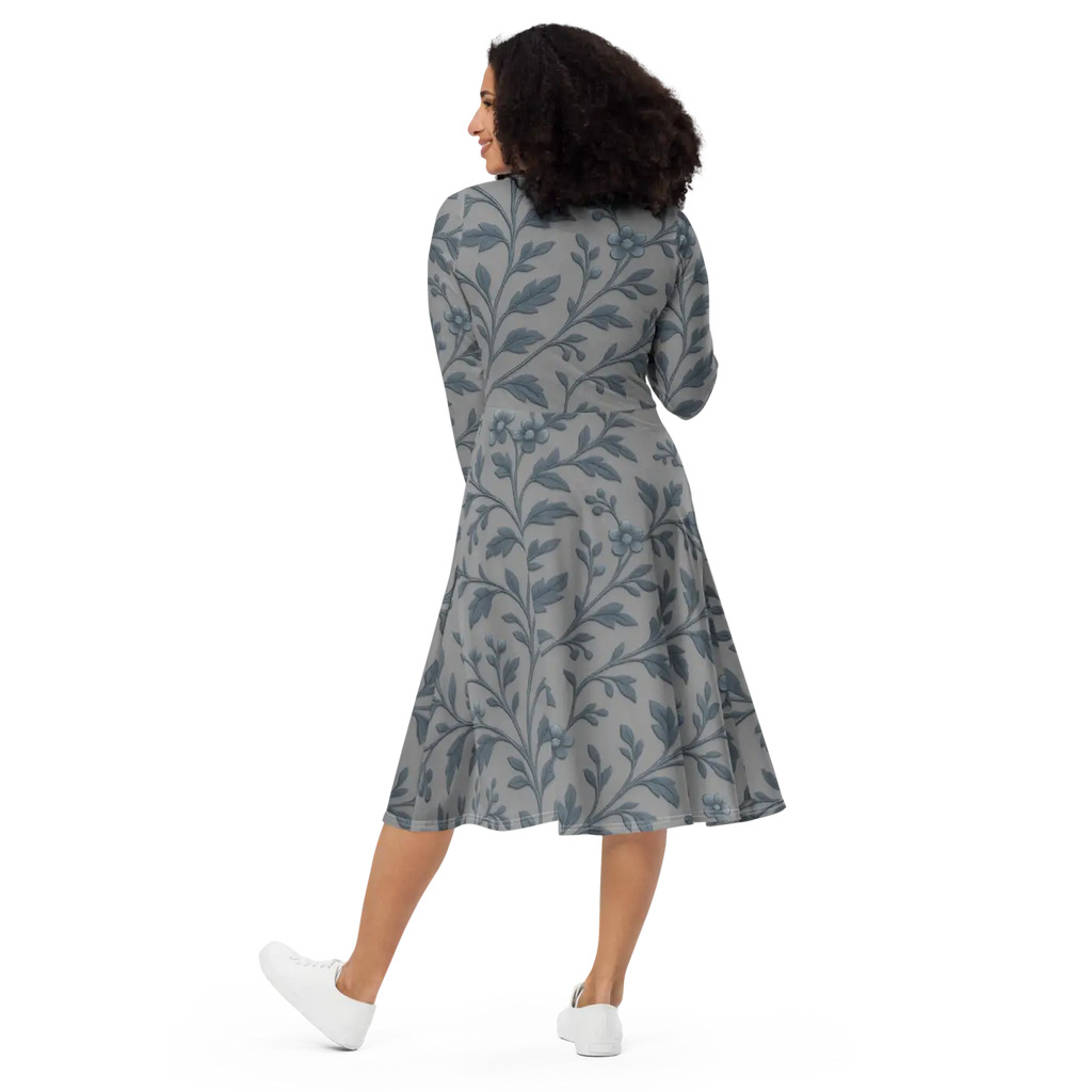 Blue Floral Vines Long Sleeve Midi Dress - Nature Inspired - DipaliZ
