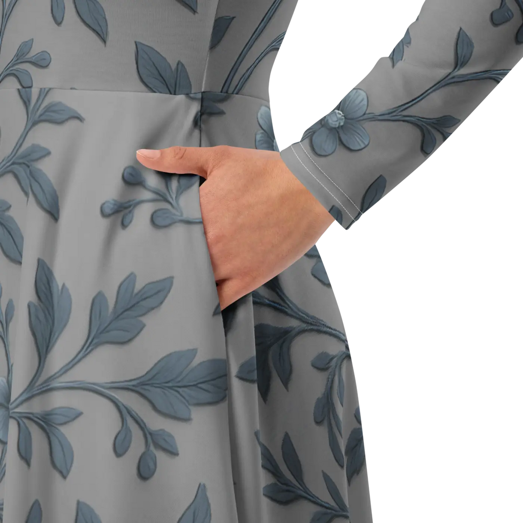 Blue Floral Vines Long Sleeve Midi Dress - Nature Inspired - DipaliZ
