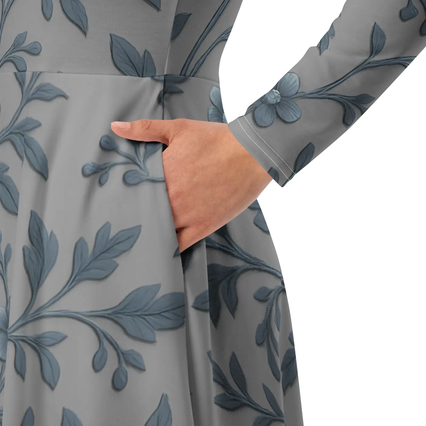 Blue Floral Vines Long Sleeve Midi Dress - Nature Inspired - DipaliZ