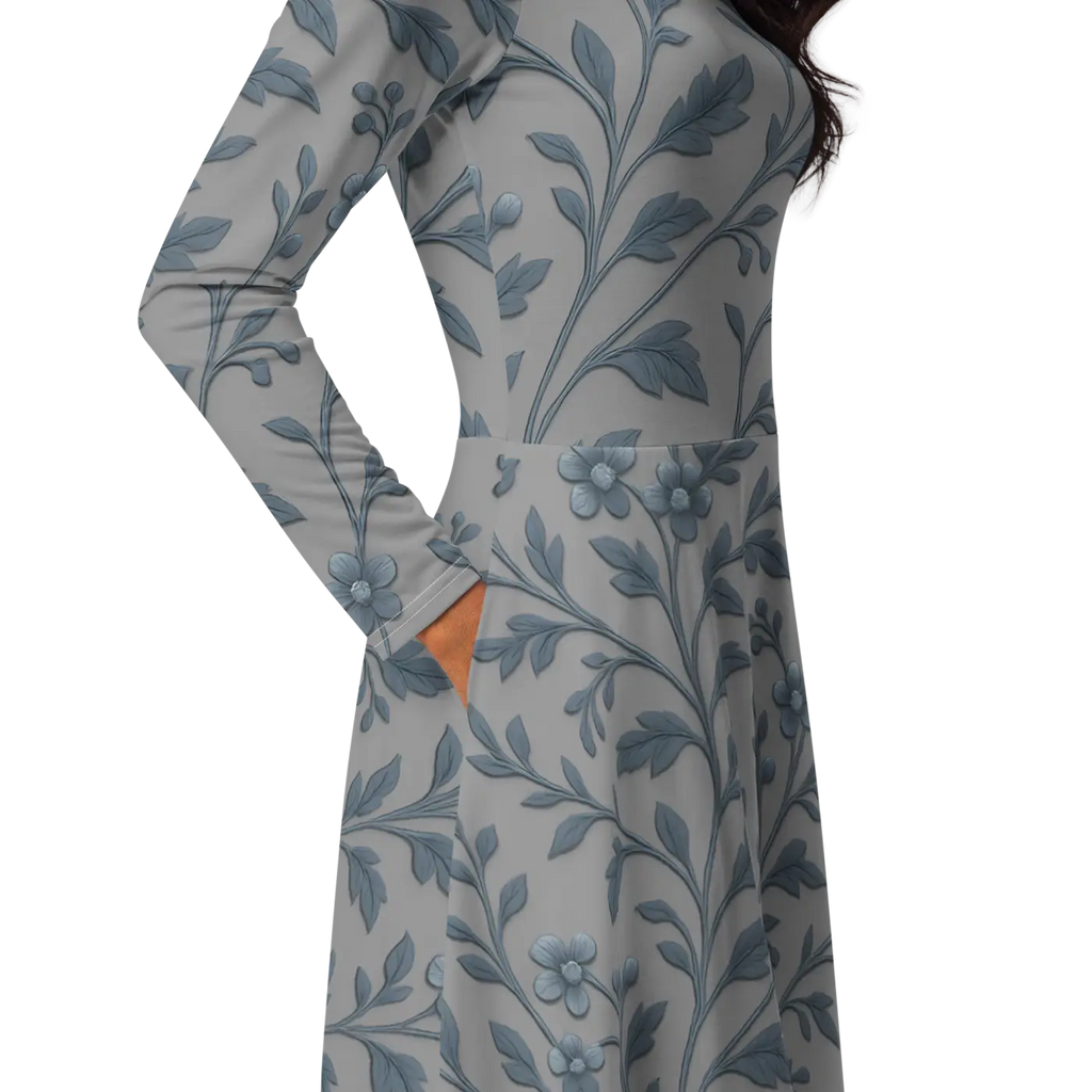 Blue Floral Vines Long Sleeve Midi Dress - Nature Inspired - DipaliZ