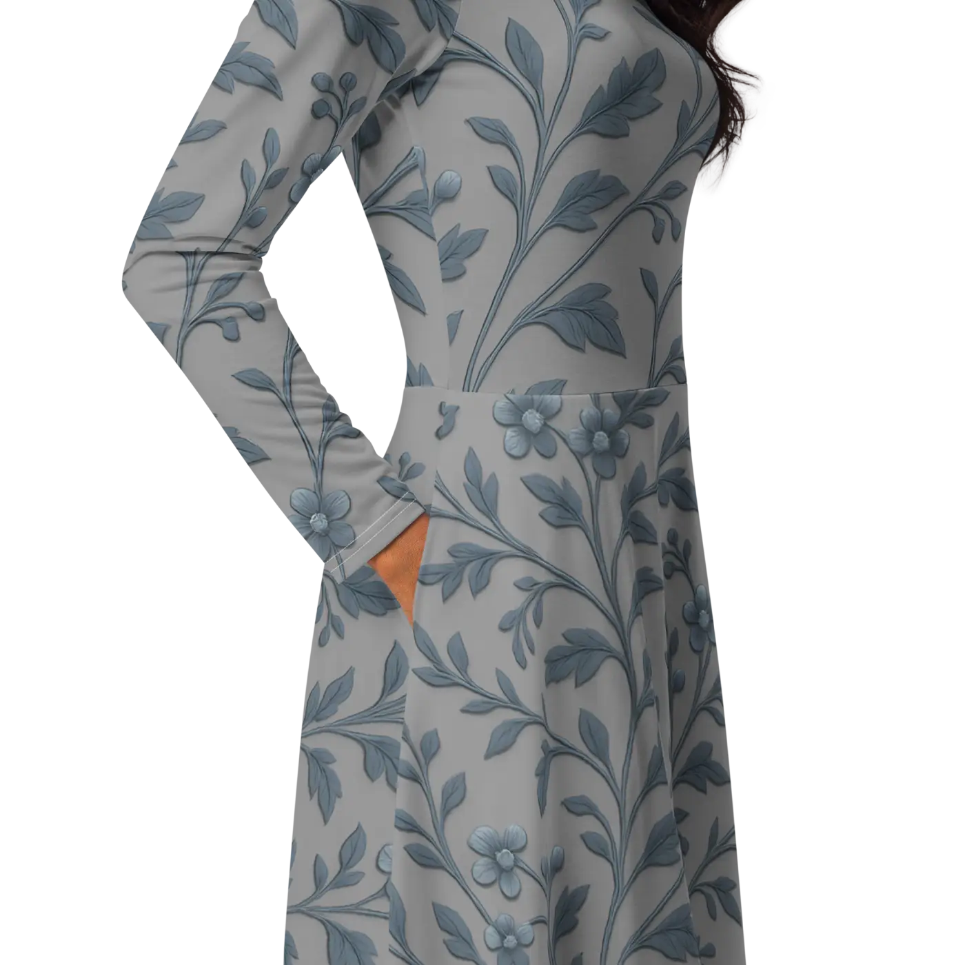 Blue Floral Vines Long Sleeve Midi Dress - Nature Inspired - DipaliZ