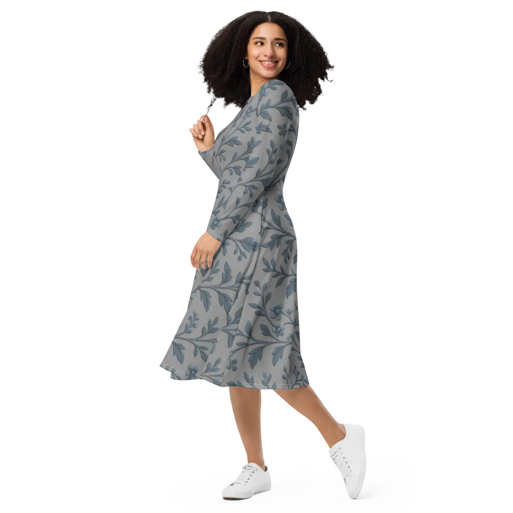 Blue Floral Vines Long Sleeve Midi Dress - Nature Inspired - DipaliZ