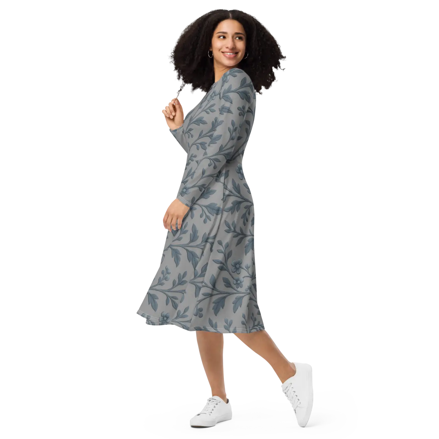 Blue Floral Vines Long Sleeve Midi Dress - Nature Inspired - DipaliZ