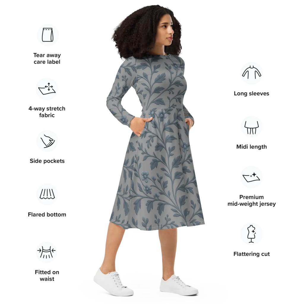 Blue Floral Vines Long Sleeve Midi Dress - Nature Inspired - DipaliZ