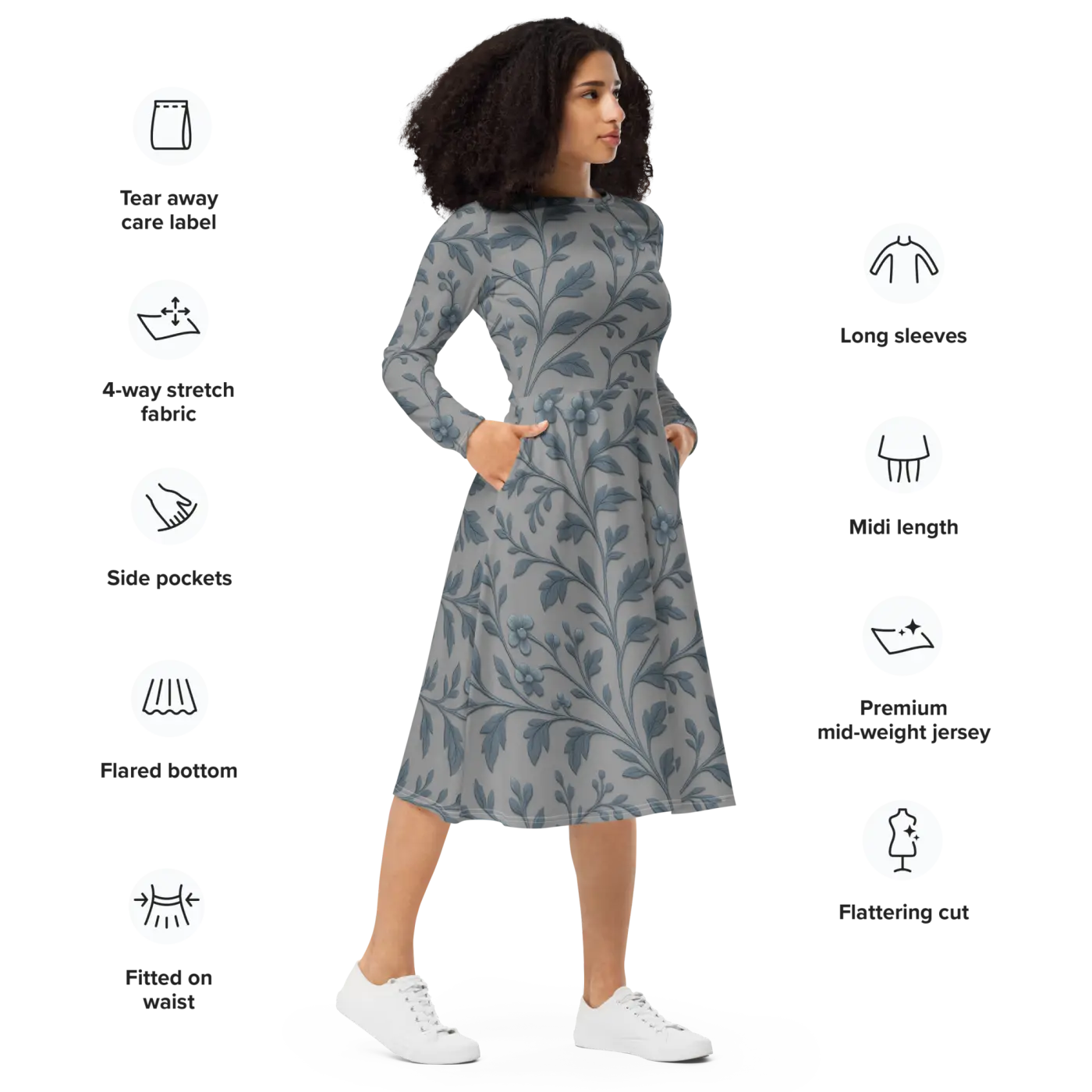 Blue Floral Vines Long Sleeve Midi Dress - Nature Inspired - DipaliZ