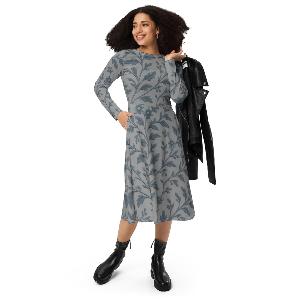 Blue Floral Vines Long Sleeve Midi Dress - Nature Inspired - DipaliZ