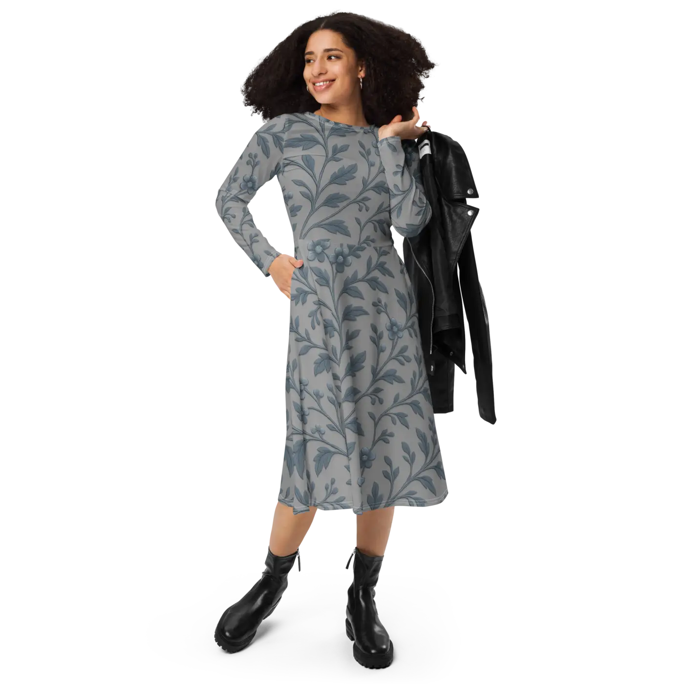 Blue Floral Vines Long Sleeve Midi Dress - Nature Inspired - DipaliZ