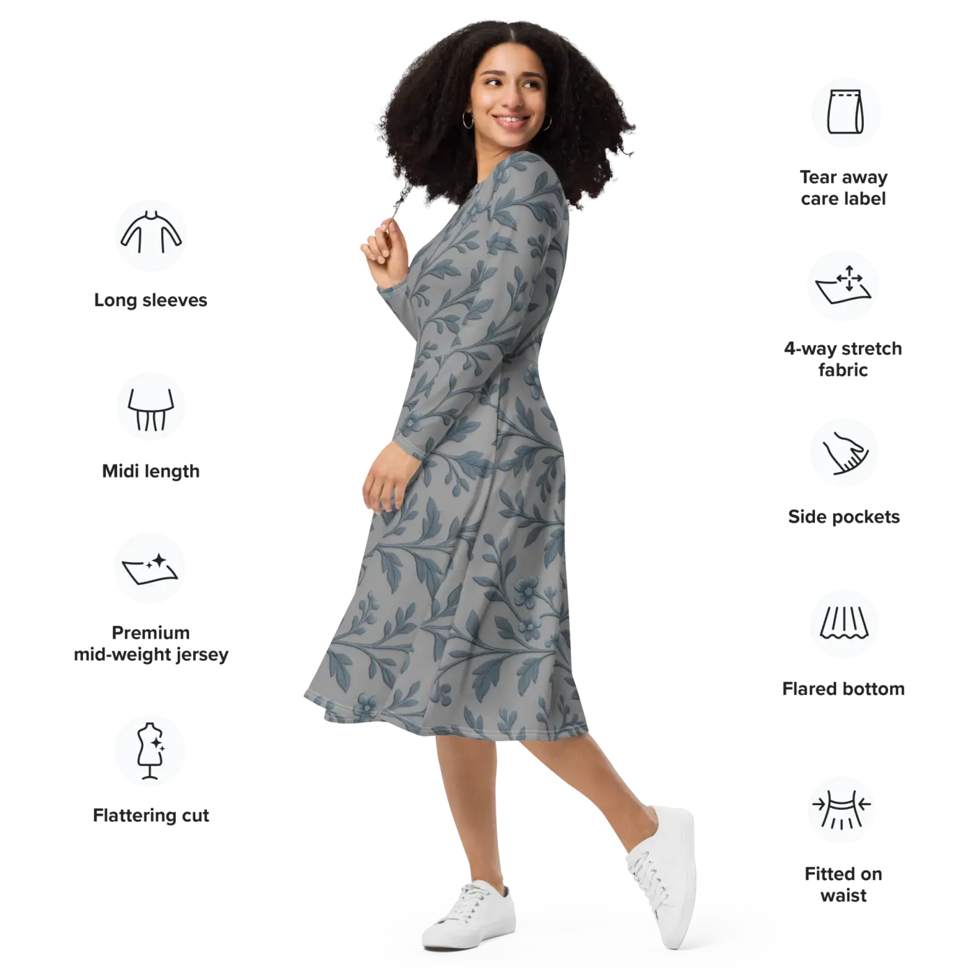 Blue Floral Vines Long Sleeve Midi Dress - Nature Inspired - DipaliZ